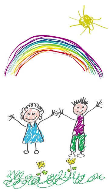 Drawing made by a child, happy family in the countryside, greeting. Animated illustration.  Vertical video