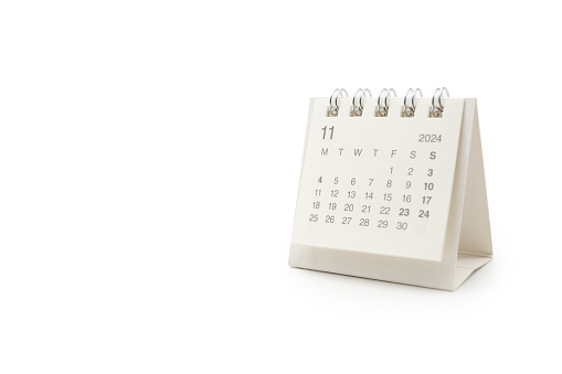 Simple desk calendar for November 2024 isolated on white background. Calendar concept with copy space. Clipping Path.