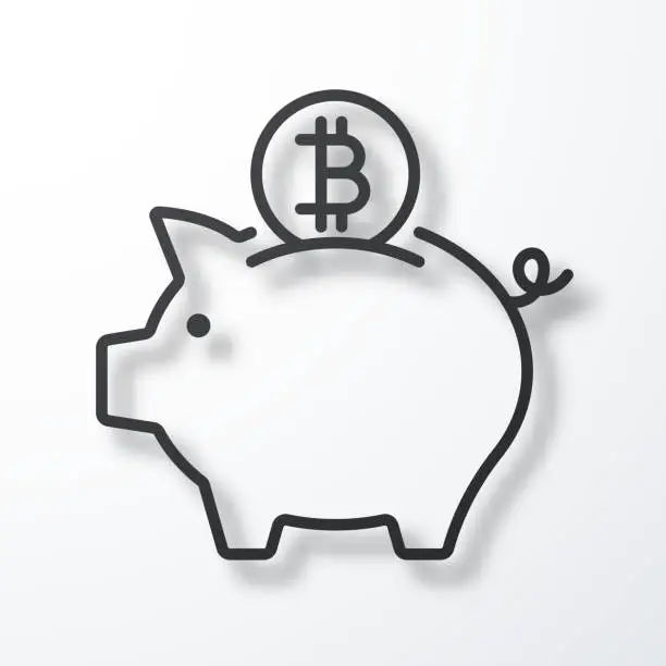 Vector illustration of Piggy bank with Bitcoin coin. Line icon with shadow on white background
