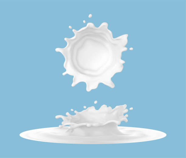 istock Milk splash isolated on blue background. Natural dairy product, yogurt or cream in crown splash with flying drops. Realistic Vector illustration 1926831188