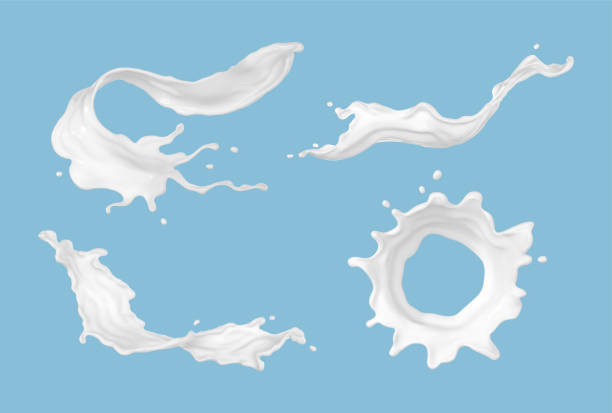 istock Set of realistic milk splashes of various shape with drops isolated on blue background. Vector illustration 1926831205