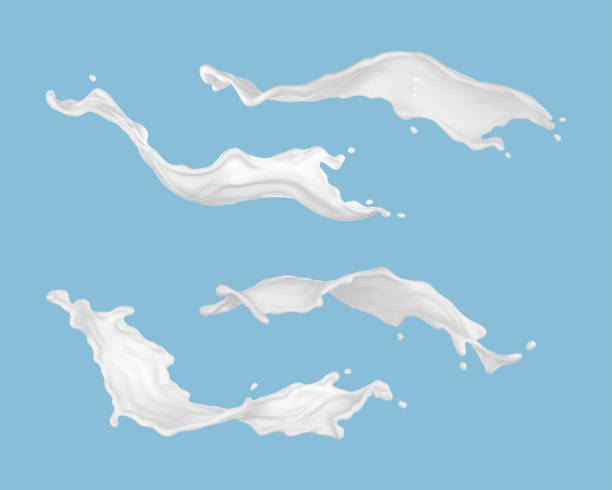 istock Milk splashes set isolated on blue background. Natural dairy product, yogurt or cream splash. Realistic vector illustration 1926832338