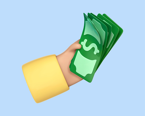 3D cartoon hand holding dollar bills. Concept of financial operation. Payment and Cash back. Money investment and business commerce. Vector 3d illustration