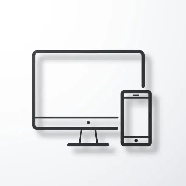 Vector illustration of Desktop computer and smartphone. Line icon with shadow on white background