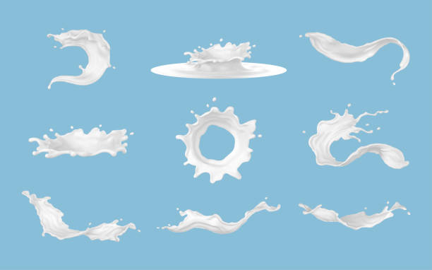 istock Set of realistic milk splashes of various shape with drops isolated on blue background. Vector illustration 1926840001