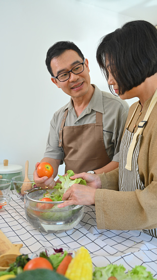 Happy senior couple having conversation while cooking healthy vegan meal together in kitchen.