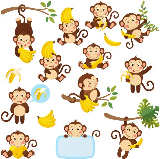 Vector illustration of Set of digital elements with funny monkey
