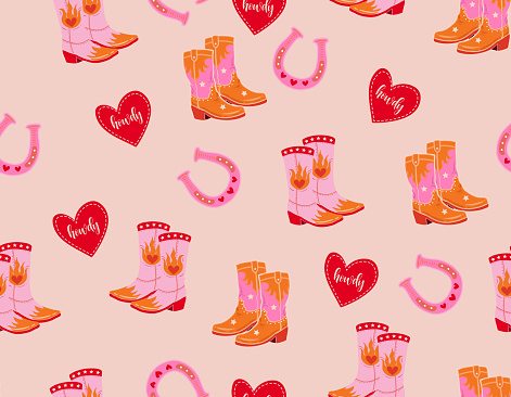 Cute Cowgirl  seamless vector pattern. Howdy Cowboy boots, hat, horseshoe repeating background. Wild West surface pattern design for All fabric and Prints