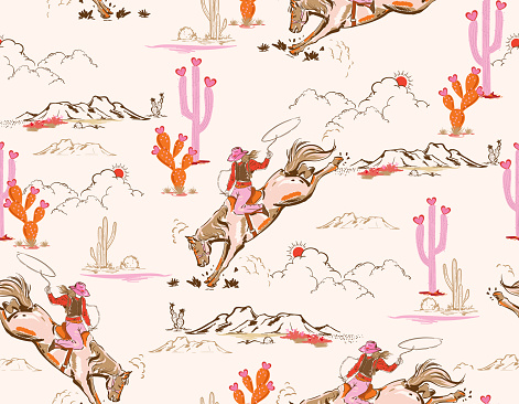 Cute Rodeo Cowgirl  seamless vector pattern. Howdy Cowboy boots, in desert  repeating background. Wild West surface pattern design for All fabric and Prints