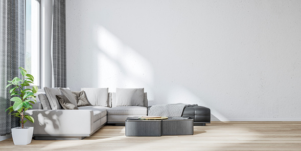 A  wide-angle view: a front view of a cozy, elegant, and modern living room with a beige textile sofa, low gray coffee table, and decorations (two plates, pillows, a knitted blanket, a book, a potted plant ficus) on the parquet hardwood floor in front of a large white empty wall with copy space. High and large modern aluminum windows and long gray curtains on both sides. A slight vintage effect was added. 3D rendered image.