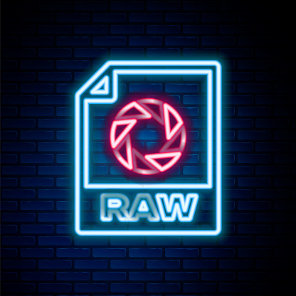 Glowing neon line RAW file document. Download raw button icon isolated on brick wall background. RAW file symbol. Colorful outline concept. Vector.
