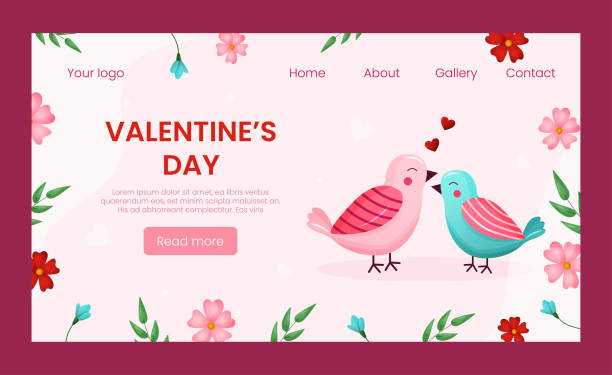 wektor szablon strony docelowej kartka z życzeniami na walentynki. szczęśliwa para ptaków zakochanych na ilustracji różowe tło. świętuj wydarzenie i wyprzedaż. - heart shape pink background cartoon vector stock illustrations