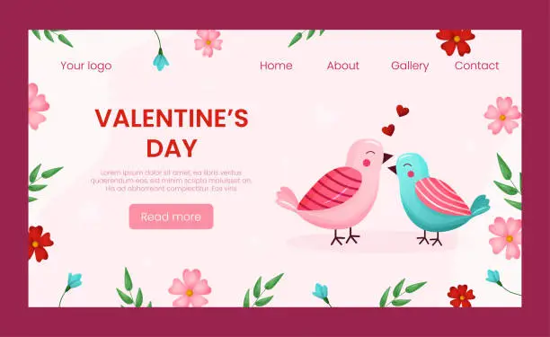 Vector illustration of Vector landing page template greeting card for Valentines day. Happy couple birds in love on pink background illustration. Celebrate event and sale.