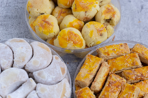 various types of pastries typical of Indonesian people, during the Eid al-Fitr holiday, such as nastar, kue putri salju and kastengel.