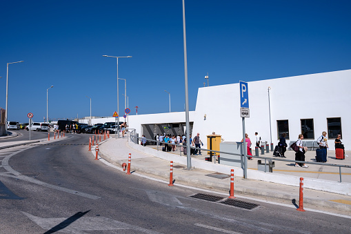 Santorini, Greece - September 19, 2023 : View of the busy airport of Santorini Greece