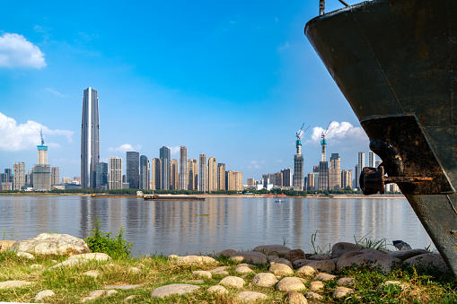 Yangtze River and skyscrapers, Wuhan, China.