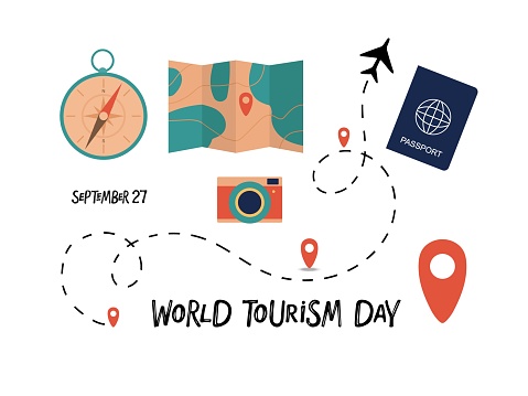 World Tourism Day banner. September 27 card. Travel concept. World tourism day background with camera, compass, airplane, card, passport. Flat vector illustration of traveler's luggage in old style.