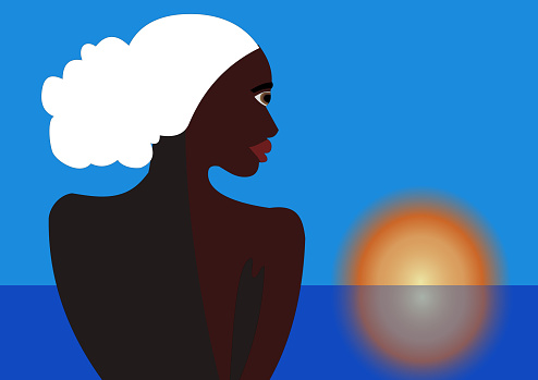Back of African woman in sunet at coast - free style sketch