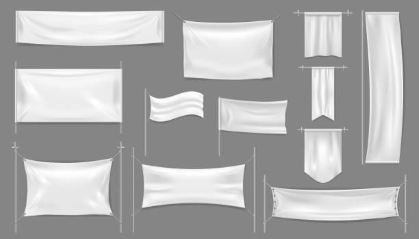 istock Advertising sign or textile banner for copy space on poles, hanging on ropes. Vector horizontal and vertical empty cloth material for ad message. Waving cotton blank placard for promotion 1926887534