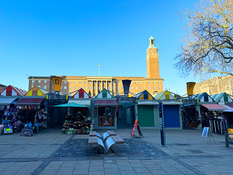 Norwich Market with the Town Hall in the background. January 2024