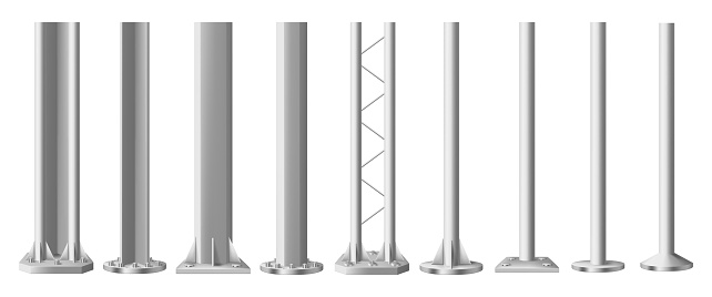 Construction metal pole, isolated detailed steel pipes element. Vector set of building bearing column, vertical pillars for urban and industrial architecture. Base of billboard or streetlight