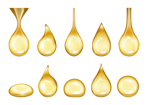 Gold honey or oil, sticky liquid dripping. Vector isolated icons of droplets with trace, realistic serum stain with bubble, side view. Cosmetic or food ingredients, pouring organic and natural product