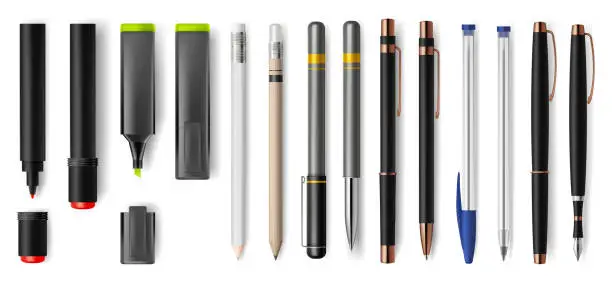 Vector illustration of Pencils with sharp edge and eraser, stationery supply for school or office. Vector isolated pen with ink, marker for board and highlighter for text. Drawing and writing, coloring and highlighting