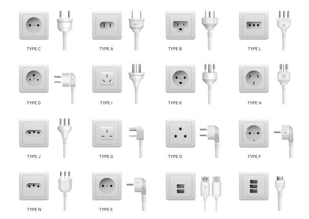 illustrations, cliparts, dessins animés et icônes de prises électriques avec différents types de cordons de prise. type c et a, b et l isolés vectoriels, ports usb standard pour le chargement des appareils et des appareils, connecteurs d’équipements électroniques - prise murale