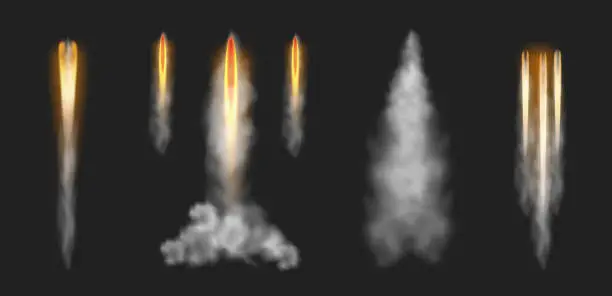 Vector illustration of Smoky trail and fire burst effect from launching rocket. Vector isolated taking off spacecraft or spaceship, vapor or missile light. Meteor or comet trace in sky. Gas or fume from jet or shuttle