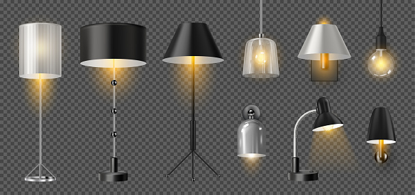 Desk and floor lamps, sconce for wall, interior design, and illumination for home. Vector isolated modern lights model with bulb giving soft glow. Bedside lampshades or office spotlights
