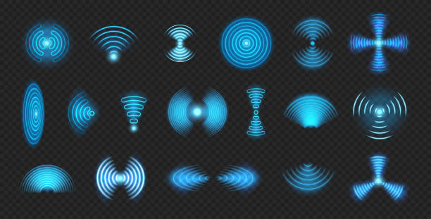 ilustraciones, imágenes clip art, dibujos animados e iconos de stock de señal de sensor inalámbrico o señal de conexión de red con brillo de neón. radar o sonar digital aislado vectorialmente, onda sonora de forma redonda. tecnología wifi, monitorización y protección electrónica - ondas radiofónicas
