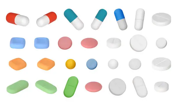 Vector illustration of Set of different 3D vector pills. Medicines, tablets, capsules, drug of painkillers, antibiotics, vitamins. Healthcare medicines. Vector illustration in cartoon minimal style isolated on a white background