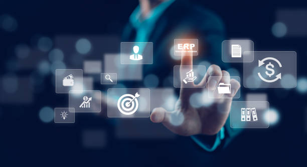 istock Business people using a laptop with document management for ERP. Enterprise resource planning concept,Enterprise Resource Management ERP software system for business resources plan presented. 1926923135