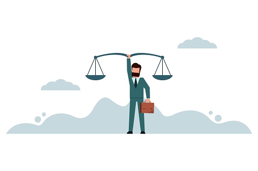 Businessman holding scale. Concepts of equality and law, human rights, justice, comparison. Businesspeople with ethically balanced leadership. Vector illustration flat design style