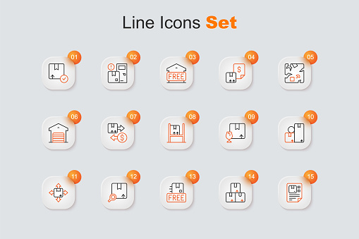 Set line Waybill Carton cardboard box Cardboard with free symbol Search package Package fragile content and Warehouse interior boxes icon. Vector.