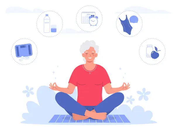 Vector illustration of Elderly woman doing yoga, sitting in the lotus position. Healthy lifestyle in old age.
