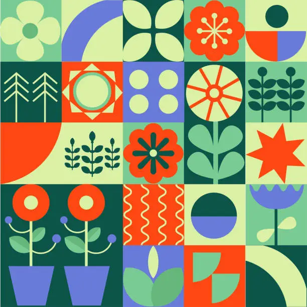 Vector illustration of Modern geometric background. Abstract nature shapes. Bauhaus. Seamless pattern.