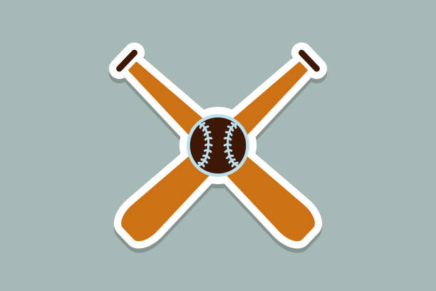 illustrations, cliparts, dessins animés et icônes de balles de baseball avec des bâtons en croix signe autocollant design logo. concept d’icône d’objet de sport. icône de logo autocollant sport de baseball. - cross shape cross rough wood