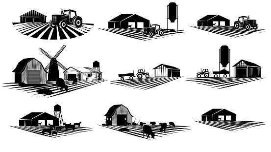 Set of silhouette scenes from farm life with fields, barns and machinery isolated on white background. Vector rural clipart.