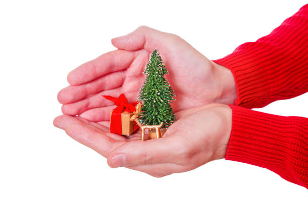 istock Tiny New Year Tree with Reindeer and Gift Box in Hands on White 1927003226