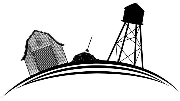 Vector illustration of Silhouette scene from farm life with hay, barn and water tower on rounded land isolated on white background. Rural clipart.