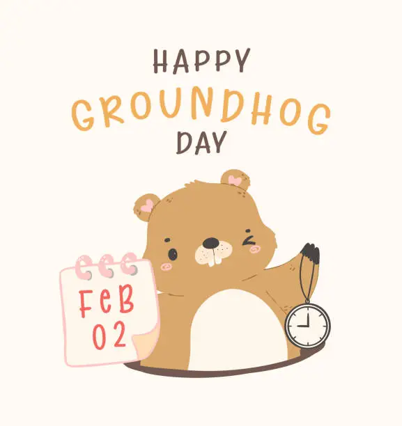 Vector illustration of Happy groundhog day with cheerful cartoon groundhog holding calendar Feb 2 and clock