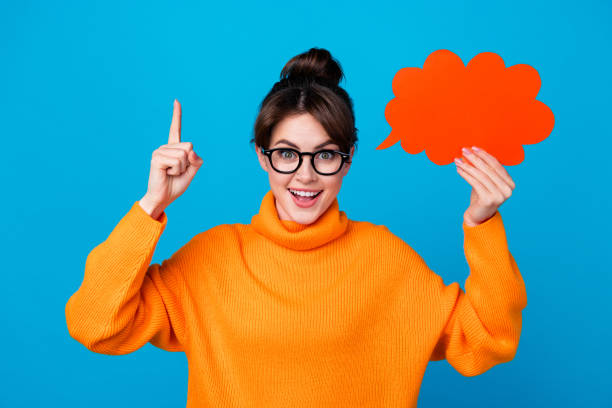 istock Photo of smart clever lady wear knitted pullover spectacles rising mind cloud empty space isolated blue color background 1927022314