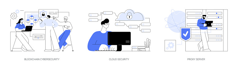 Data safety isolated cartoon vector illustrations set. Blockchain cybersecurity specialist job, cloud security work, datacenter worker install proxy server, computing industry vector cartoon.