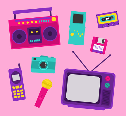 Set Of 90s Elements With Cassette, TV, Floppy Disk, Microphone, Retro Boombox, Push-button Telephone And Block Stacking Video Game
