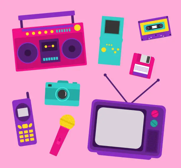 Vector illustration of Set Of 90s Elements With Cassette, TV, Floppy Disk, Microphone, Retro Boombox, Push-button Telephone And Block Stacking Video Game