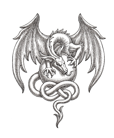 Hand drawn black and white illustration, winged dragon with a sphere.