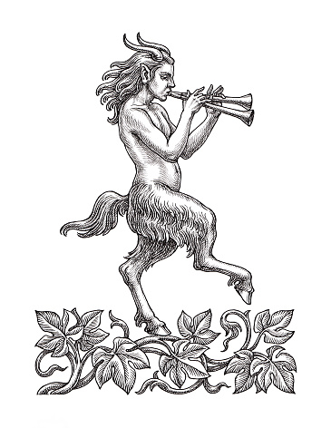 Hand drawn black and white illustration, the ancient Greek mythological character Faun playing the flute.