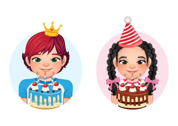 Vector illustration of Birthday Boy and Girl Holding Cake Cartoon Character and Party Hat Vector