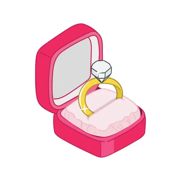 Vector illustration of Wedding ring in the pink gift box. Proposal marriage cartoon style. Wedding ring and diamond vector illustration